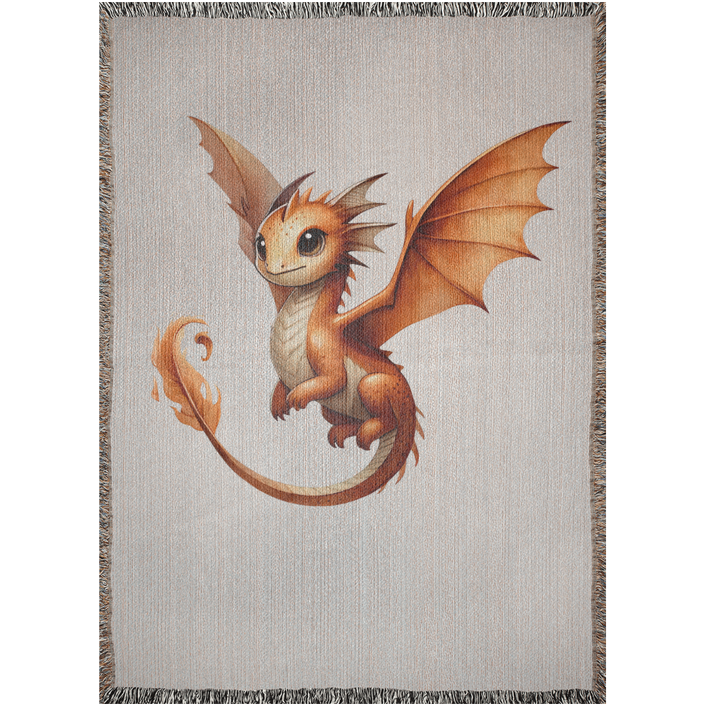 Cozy Baby Fire Dragon Woven Blanket | Soft Cotton Tapestry 1 Soft woven tapestry blanket depicting an adorable golden-orange baby fire dragon with warm flame details, open wings, and fringed edges.