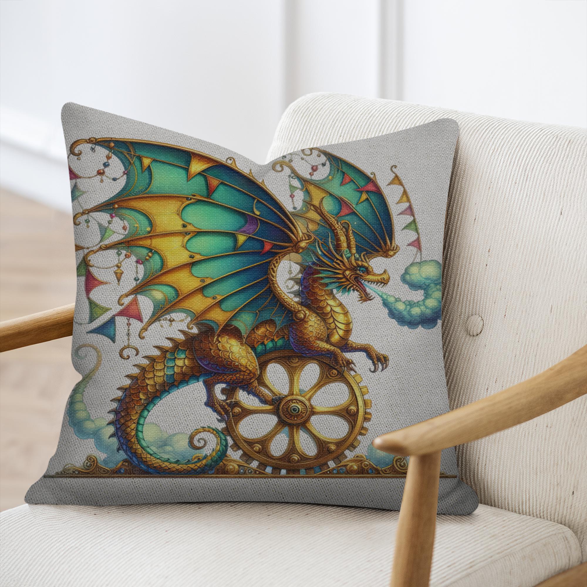 Steampunk square woven throw pillow featuring a golden clockwork dragon perched on a large gear wheel with colorful bunting-adorned wings against a textured fabric background.