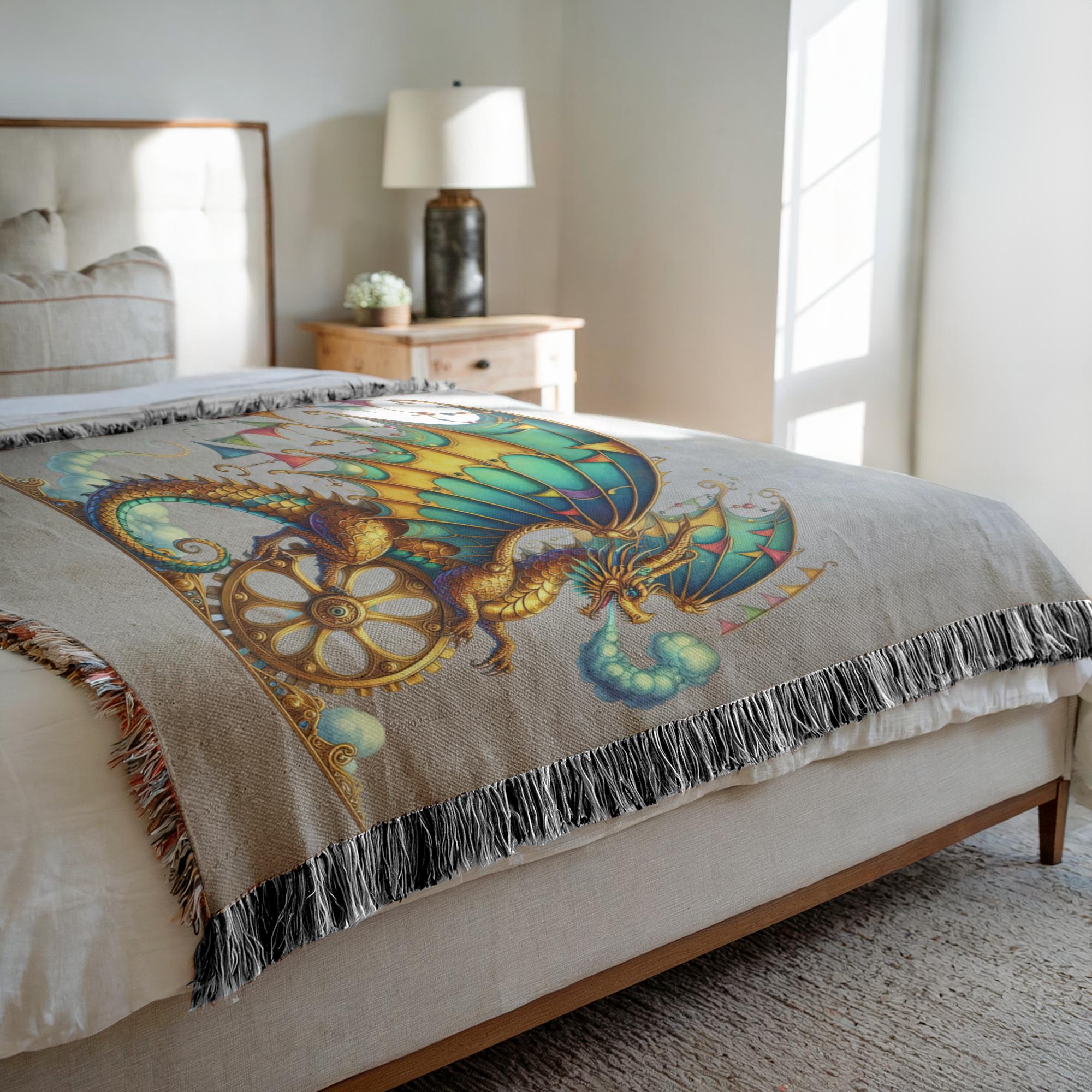 Clockwork Dragon Woven Blanket | Steampunk Cotton Tapestry 2 Cozy woven blanket featuring an intricate golden clockwork dragon perched on a golden gear wheel with colorful flag-adorned wings.