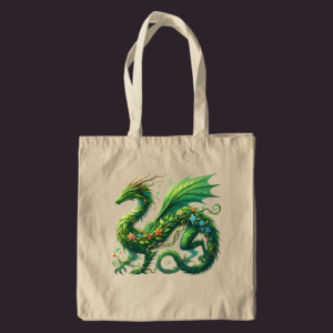 Spring Green Dragon canvas tote bag featuring a botanical dragon adorned with leaf wings, vines, and colorful flowers printed on a natural cotton bag with shoulder handles.