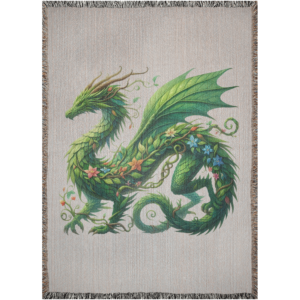 Cozy woven blanket featuring an intricate spring forest dragon woven with leaves, vines, and vibrant blooming flowers.