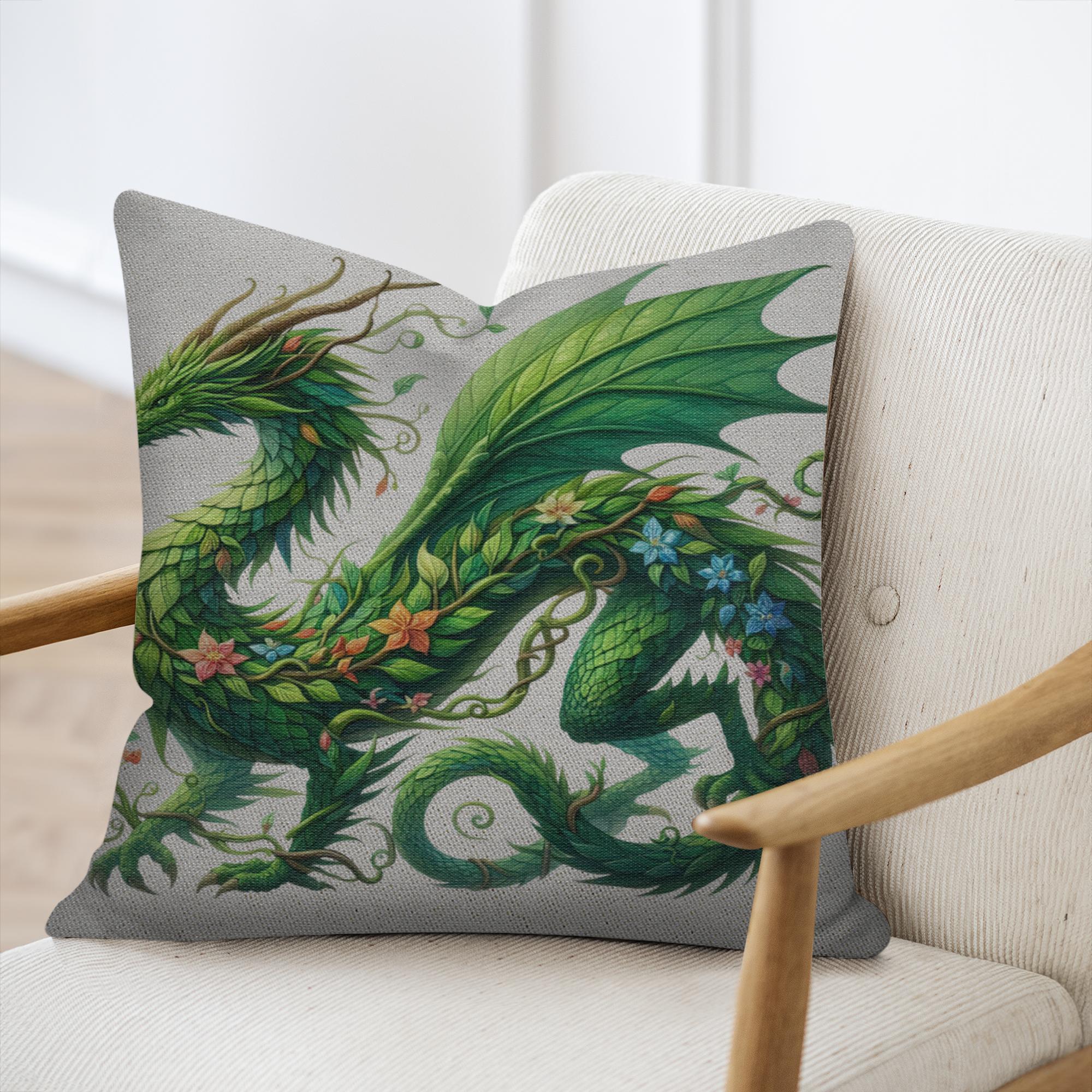 Spring Green Dragon Pillow - Botanical Fantasy Throw Pillow 2 Spring green dragon pillow - botanical fantasy throw pillow - image 2