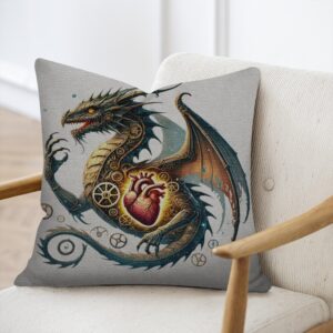 Square throw pillow featuring an intricate steampunk mechanical dragon with open gears and a glowing anatomical heart centerpiece on a light neutral linen-like background.