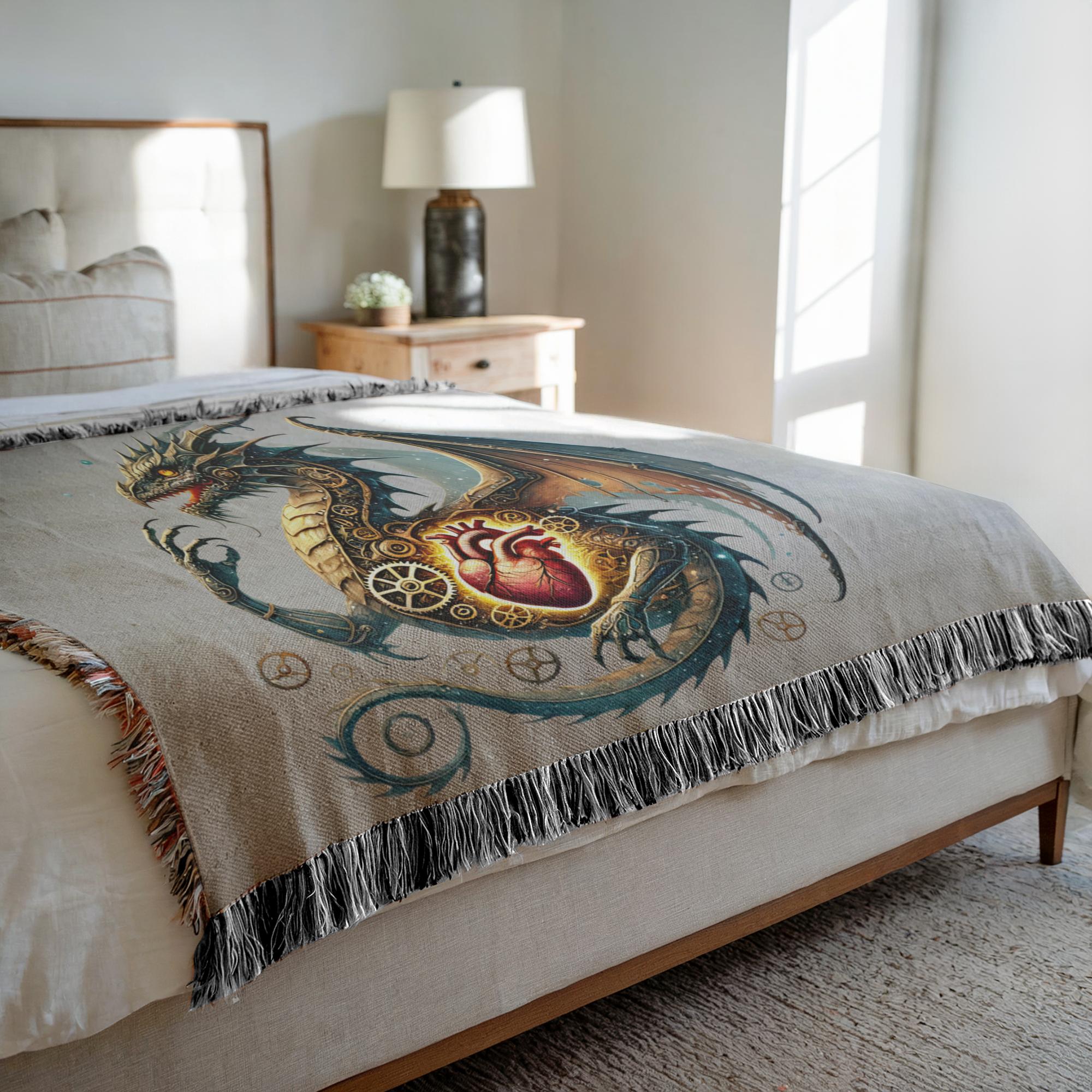 Woven cotton clockwork dragon blanket highlighting a detailed mechanical dragon centered around a striking glowing heart and gears.