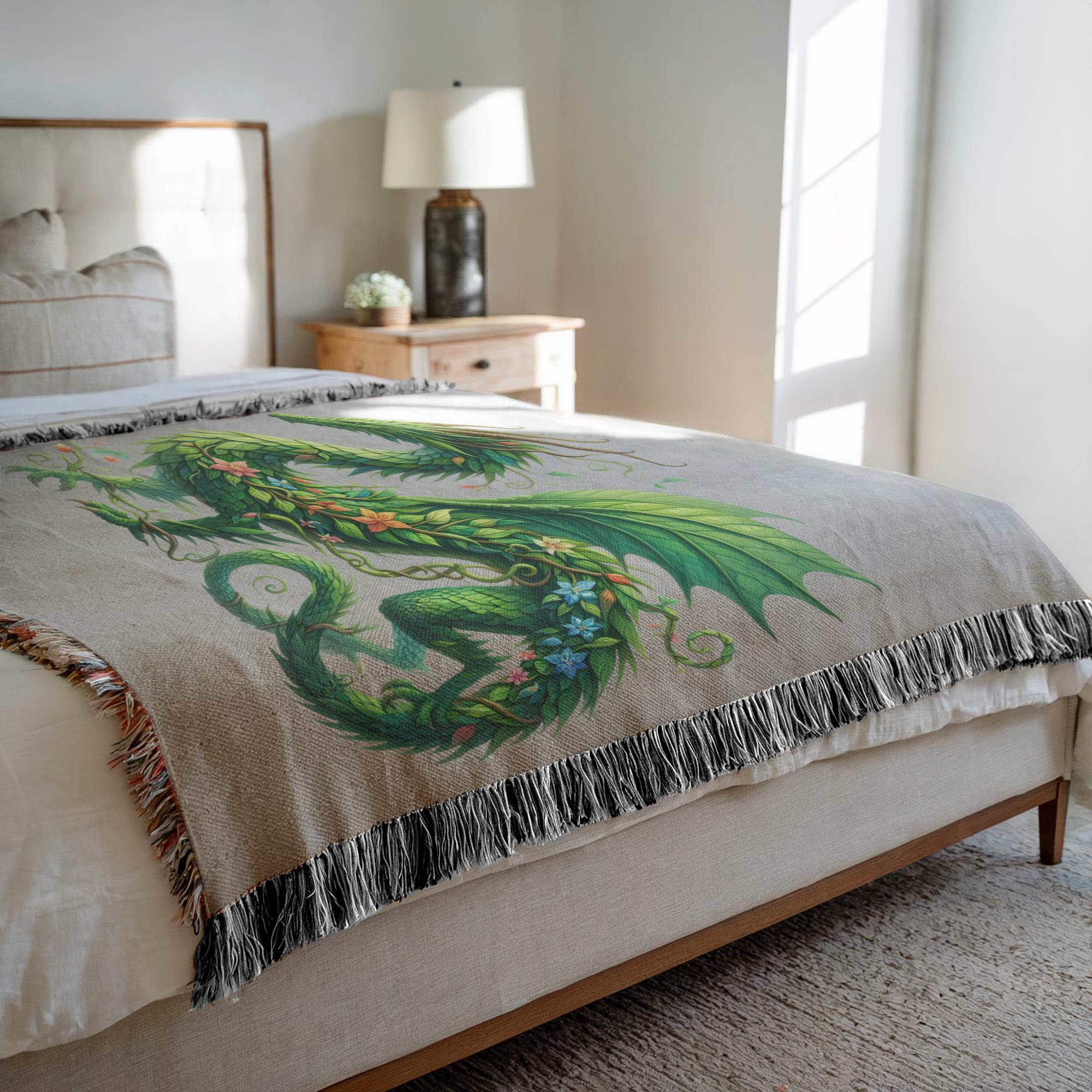 Cozy Spring Dragon Woven Blanket | Soft Cotton Tapestry 2 Cozy woven blanket featuring an intricate spring forest dragon woven with leaves, vines, and vibrant blooming flowers.
