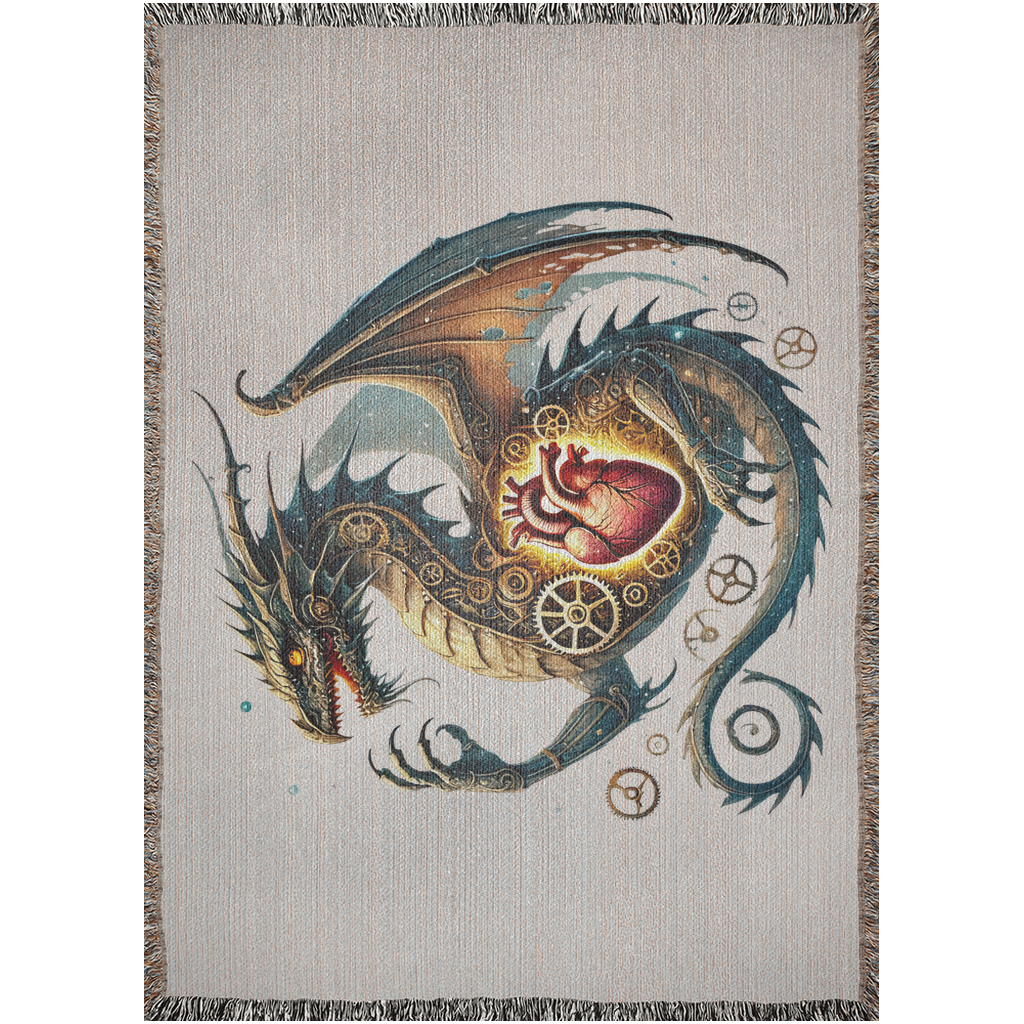 Cozy Clockwork Dragon Blanket With Mechanical Heart | Woven Cotton Throw 2 Woven cotton clockwork dragon blanket highlighting a detailed mechanical dragon centered around a striking glowing heart and gears.