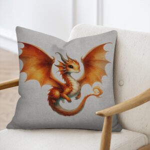 Square throw pillow featuring a cute watercolor baby dragon with open wings and a curled tail against a light gray woven fabric texture background.