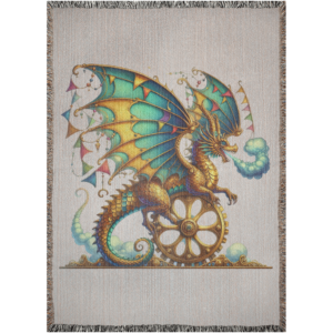 Cozy woven blanket featuring an intricate golden clockwork dragon perched on a golden gear wheel with colorful flag-adorned wings.