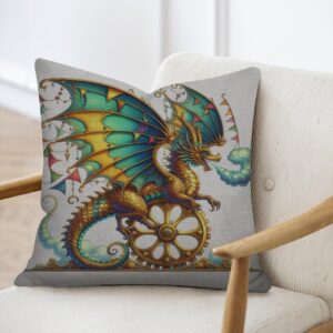 Steampunk square woven throw pillow featuring a golden clockwork dragon perched on a large gear wheel with colorful bunting-adorned wings against a textured fabric background.