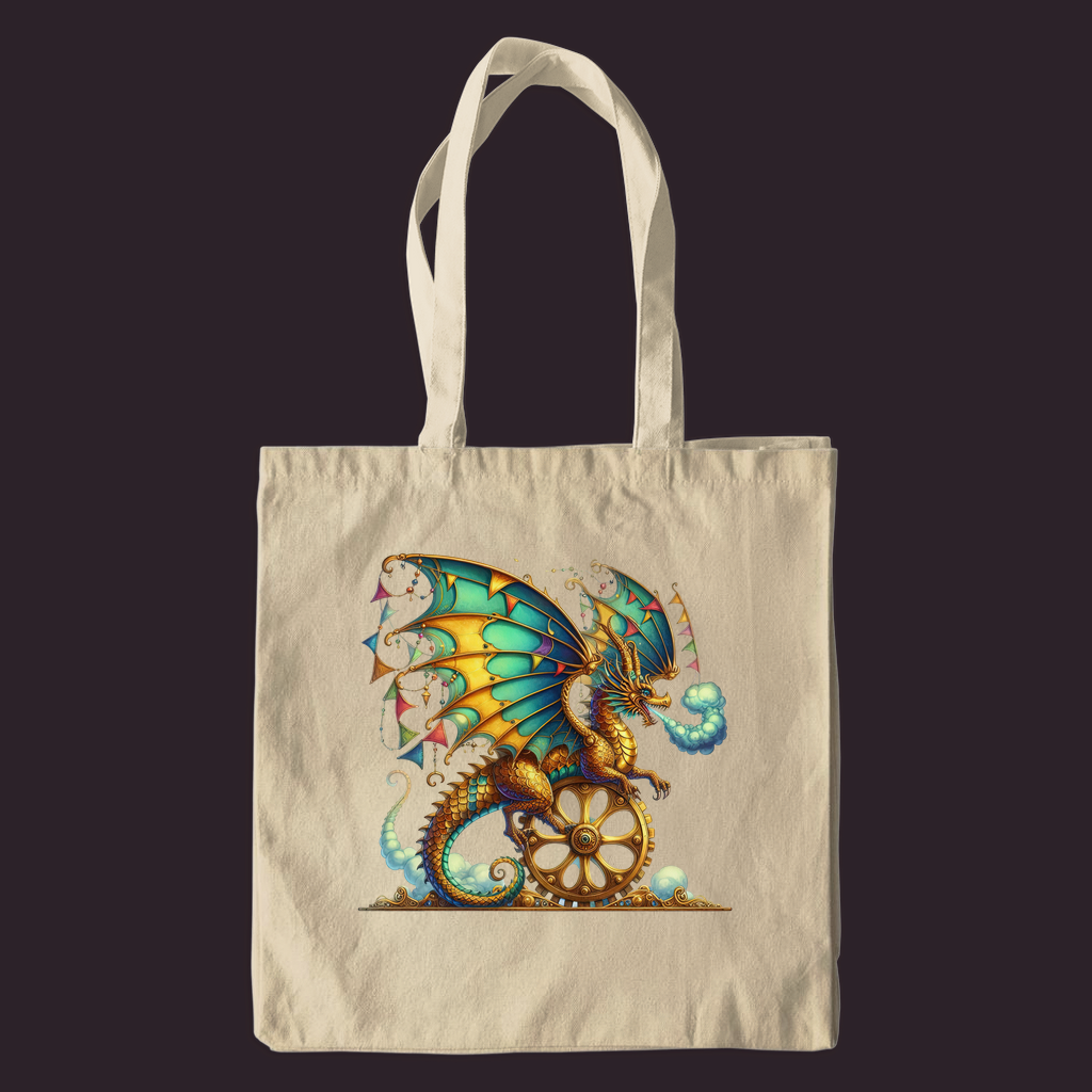 Beige natural canvas tote bag featuring a detailed steampunk dragon illustration with stained-glass-style teal and gold wings perched on a golden mechanical gear with colorful flag banners.