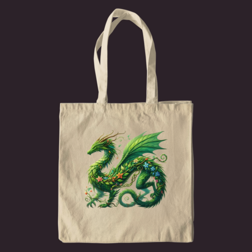 Spring Green Dragon canvas tote bag featuring a botanical dragon adorned with leaf wings, vines, and colorful flowers printed on a natural cotton bag with shoulder handles.