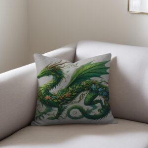 Spring Dragon square woven throw pillow featuring a green botanical dragon adorned with leaf wings, vines, and colorful flowers against a beige textured fabric background.