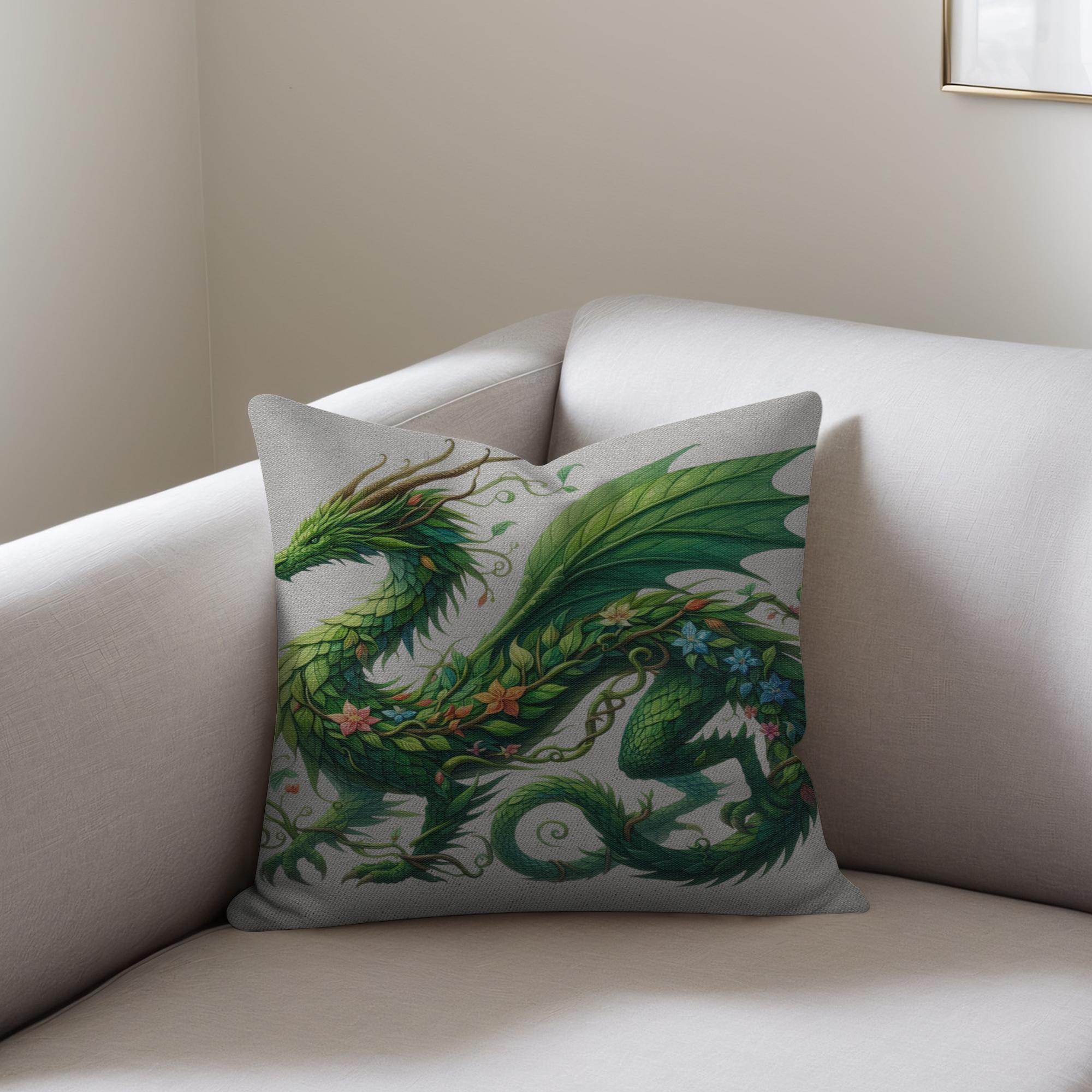 Spring Dragon square woven throw pillow featuring a green botanical dragon adorned with leaf wings, vines, and colorful flowers against a beige textured fabric background.