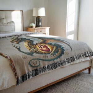 Woven cotton clockwork dragon blanket highlighting a detailed mechanical dragon centered around a striking glowing heart and gears.