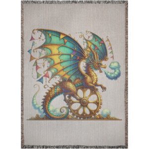 Cozy woven blanket featuring an intricate golden clockwork dragon perched on a golden gear wheel with colorful flag-adorned wings.